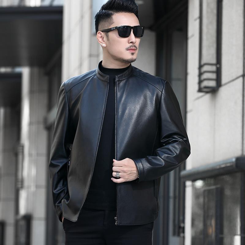 

Fall 2020 new Haining Leather Men's head layer sheep skin fashion men's leather jacket thin manufacturers direct sales, Black