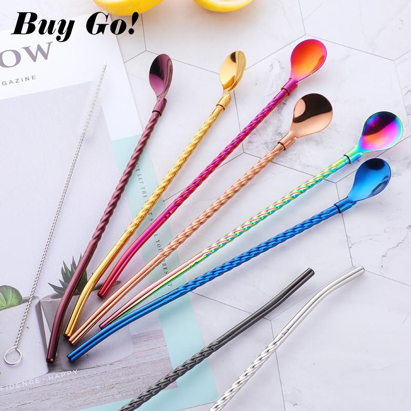 

2PCS Long Twisted Straw Spoon Portable Gold Scoop Reusable Colored Stainless Steel Straws Cocktail Coffee Stirring Spoon1