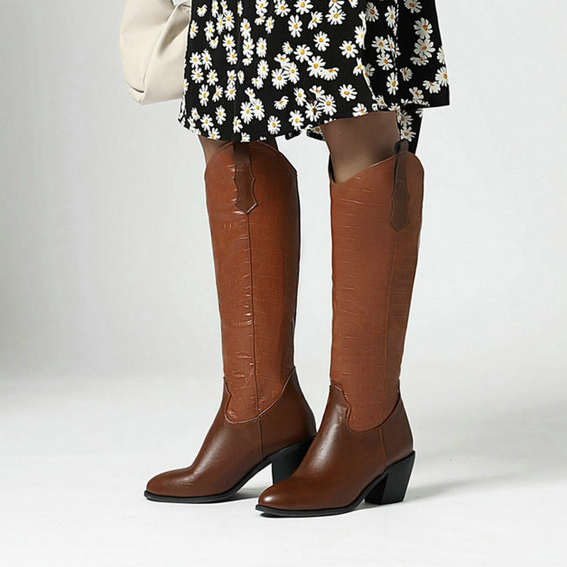 

AIWEIYi Woman Knee High Boots Black Brown Block High Heels Non-slip Autumn Winter Thigh Boots Motorcle Botas