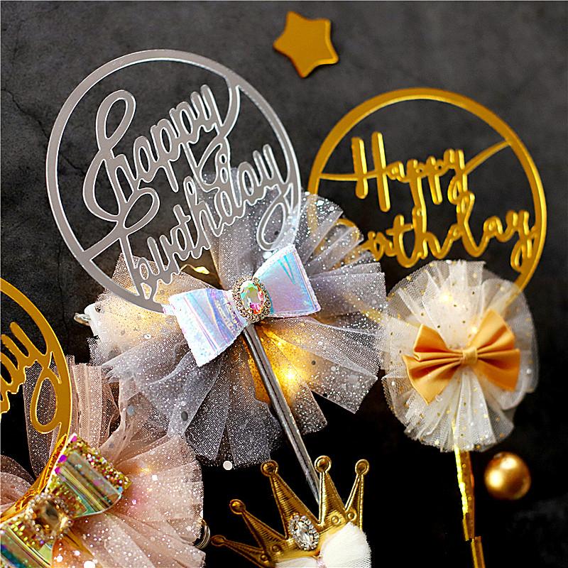 

Gold Silver Bowknot Mesh Lace Cupcake Topper Wedding Party Decoration Happy Birthday Cake Top Flag For Baby Shower