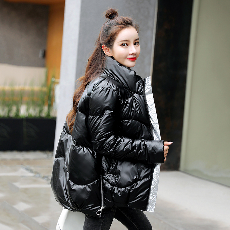 

2021 New Female Winter Coat Short Glittery Blazer Plus Size Solid Korean Style Quilted Cotton Parkas Zai2, Black