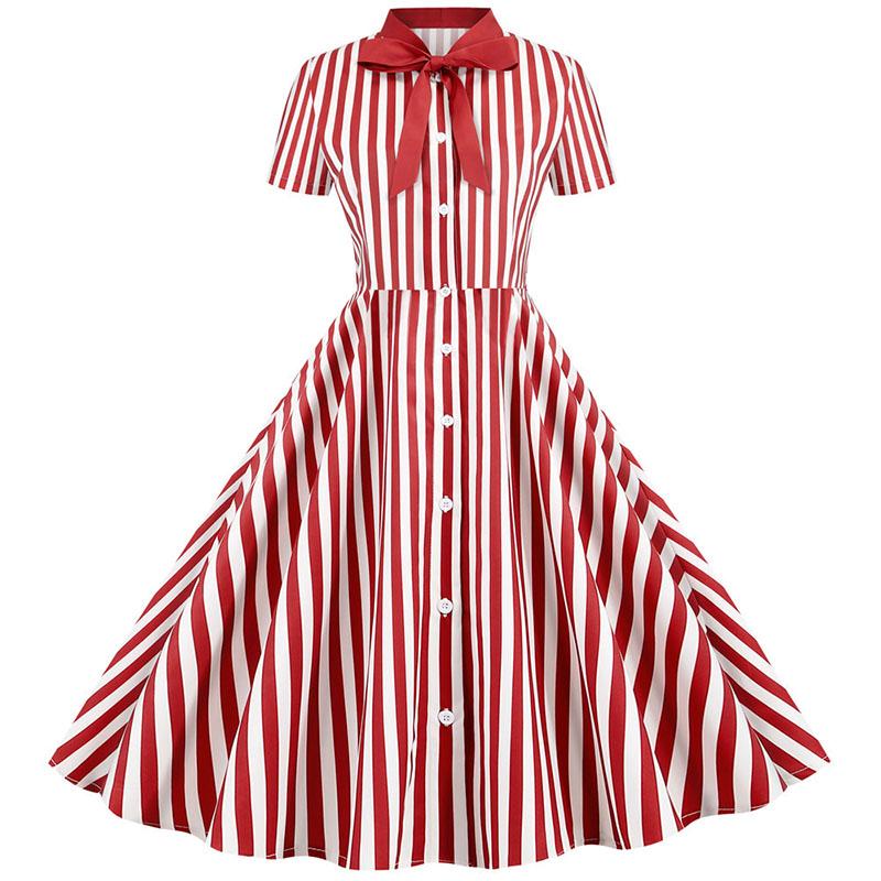 

Summer Dress Pin up Dresses Print Elegant Vintage Short Sleeve Striped Bow Swing Party Office Casual 2020 Women Midi Plus Size, Pettiskirt red