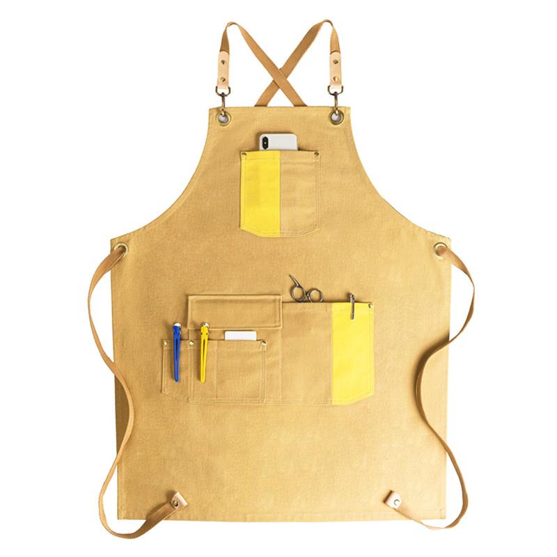 

Yellow Gray Canvas Apron Crossback Strap Barista Bistro Bartender Waitstaff Pastry Chef Uniform Florist Manicure Work Wear E51