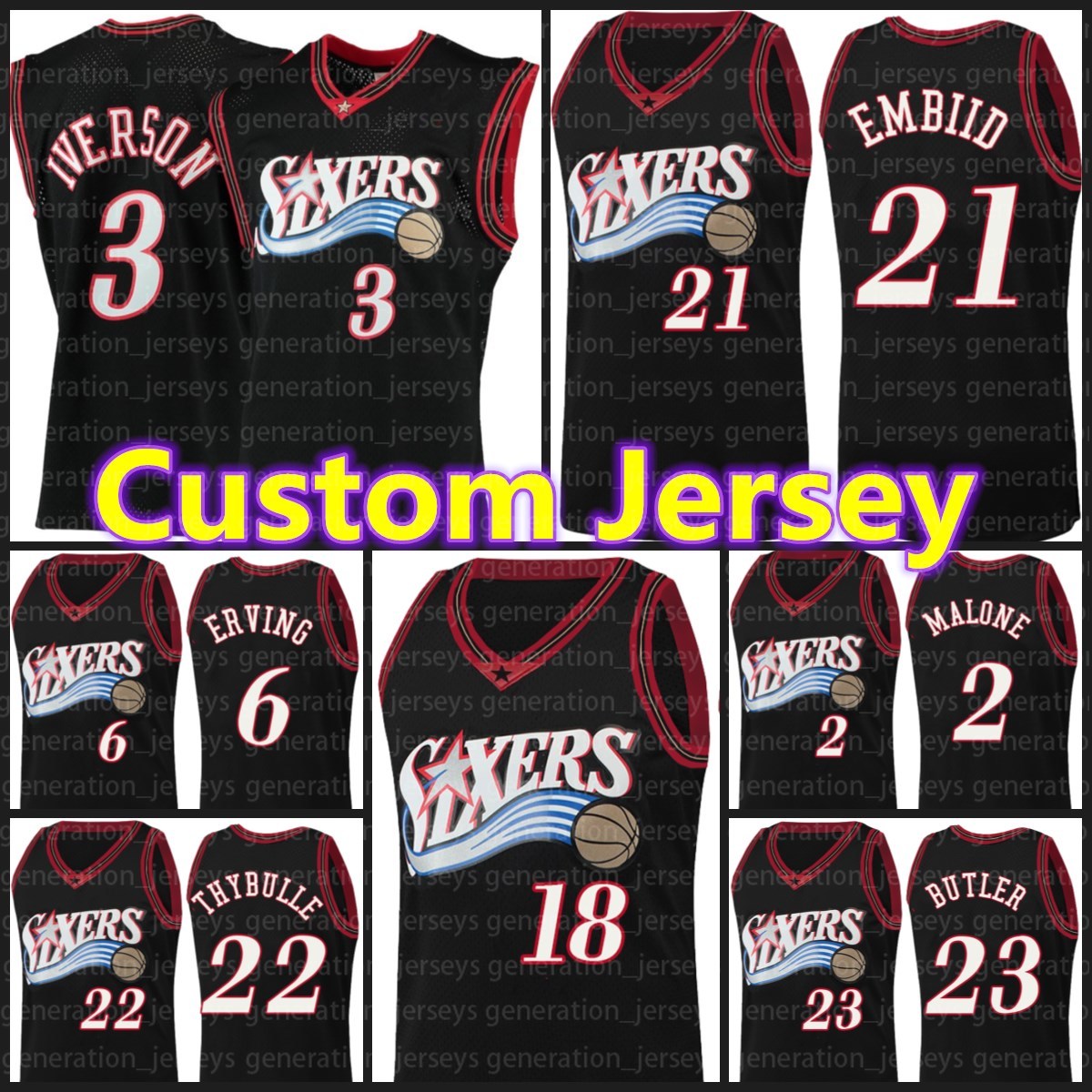 

Philadelphia 76ers Jersey Custom Allen Joel Iverson Embiid Julius 6 Erving Joel Ben Embiid Simmons Tyrese Shake Maxey Milton Men, Black;red