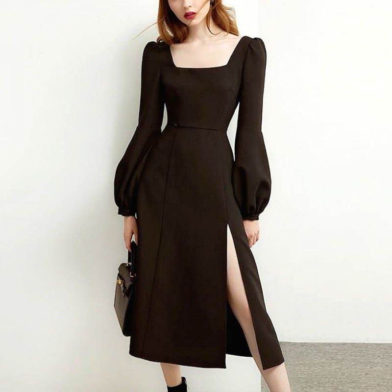 

Black Retro Split Elegant Midi Designer Hepburn Style Chiffon Dress Fall 2021 3i4e, Black dress