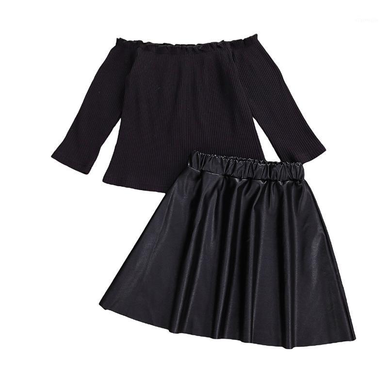 

3-7Years Kid Baby Off-Shoulder Long Sleeve Top Ruffle +Leather Skirt Suit Knitting Hem Pleated Costume1, As pic