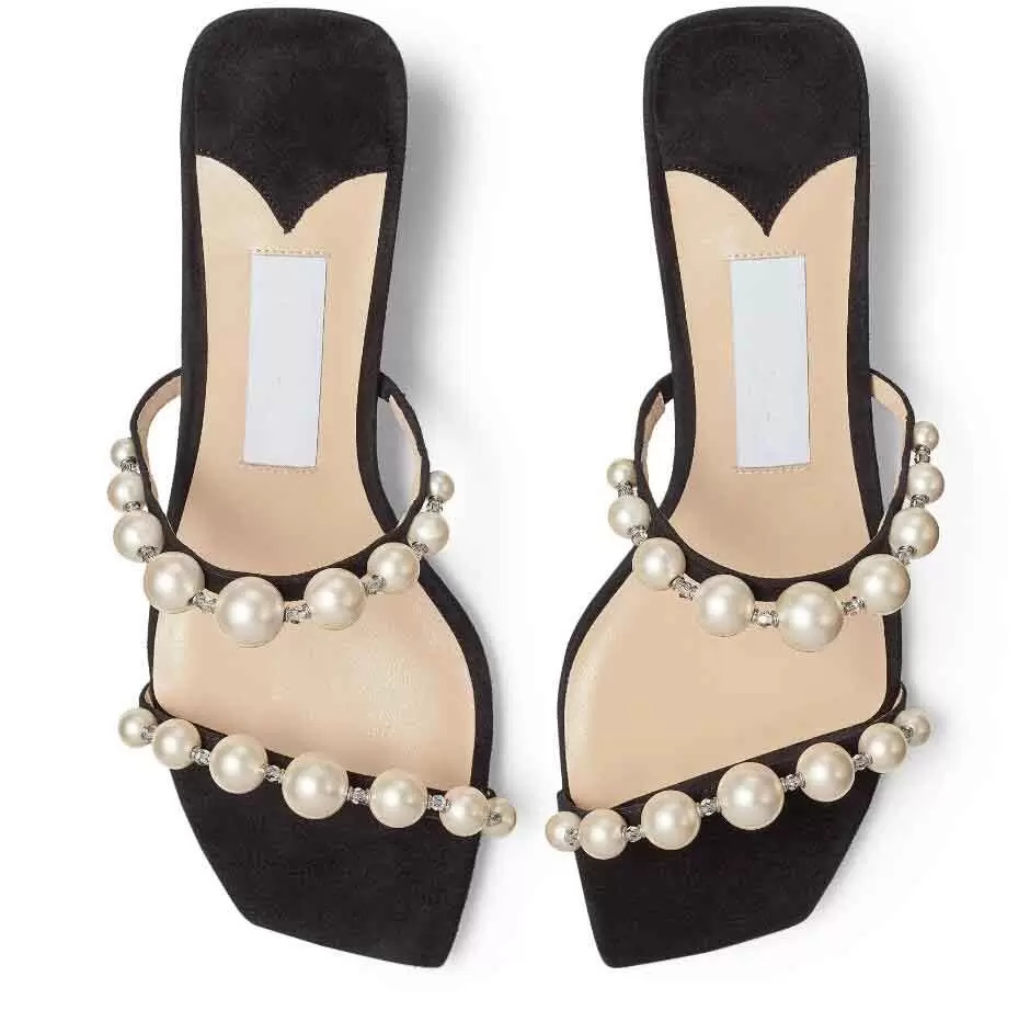 

Summer Luxury Amara Women Sandal Pearl Strap Slippers Chunky Heels Square Toe Mule Lady Pumps Dress Party Wedding EU35-43.Box, Black