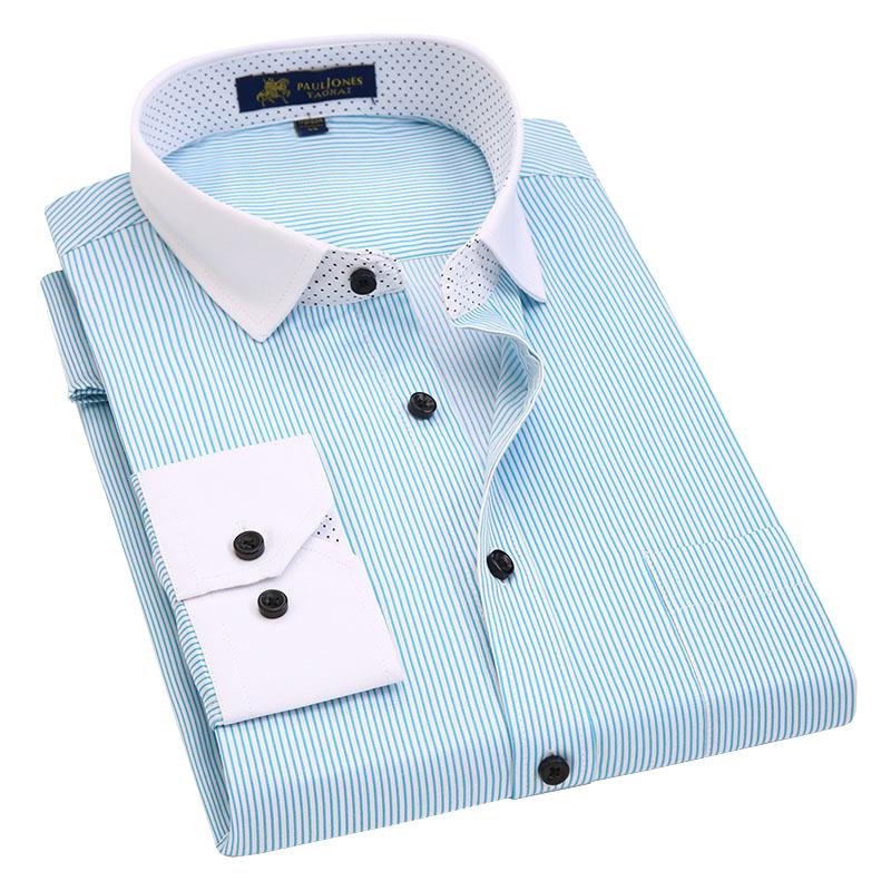 

Contrast Collar Long Sleeve Men Dress Shirt Striped Plaid Regular Fit Male Casual Social Shirts, 5755