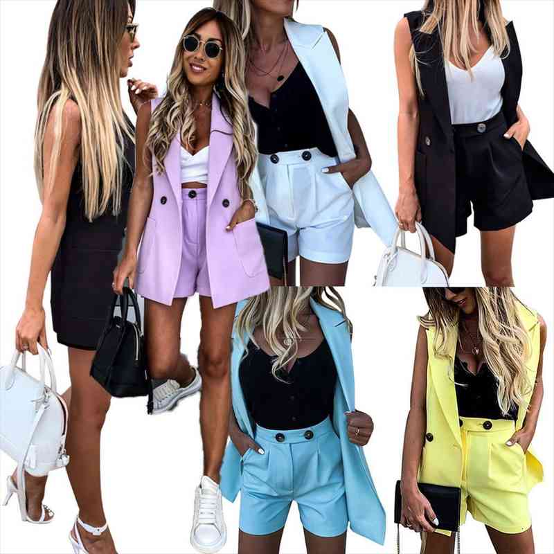 

women two-piece suit waistcoat and shorts set solid color vest coat single button sleeveless blazers with shorts suit d30, Gray