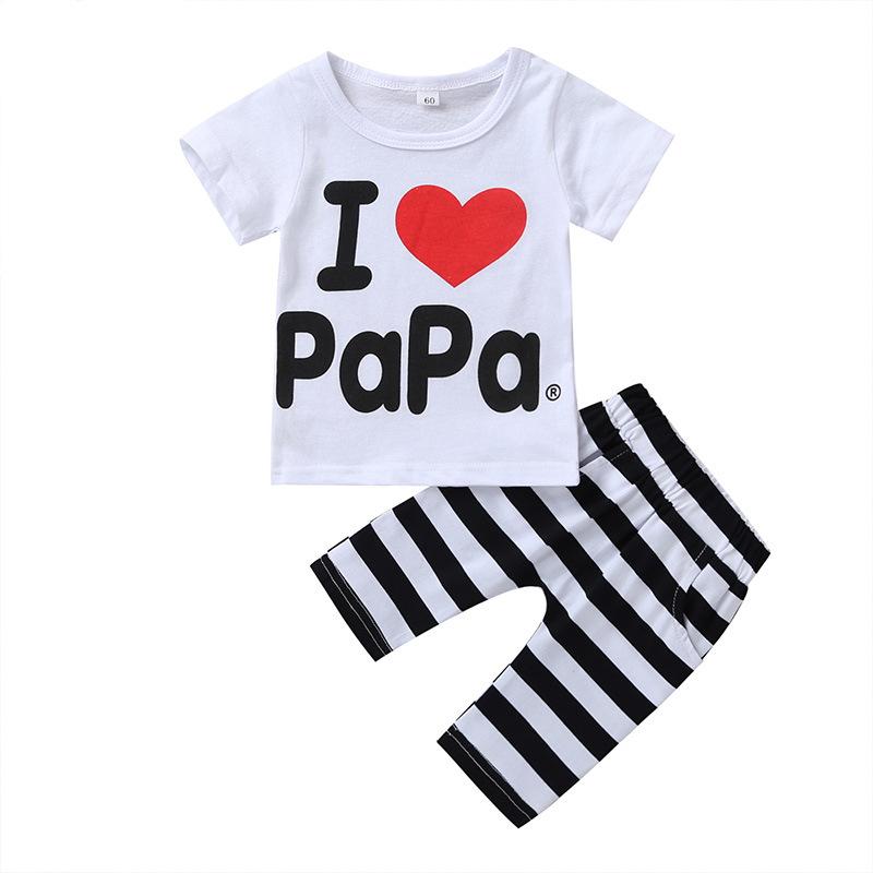 

Summer children European and American girls letters MaMaPaPa kids boy suit striped trousers short-sleeved two-piece clothing, Mama