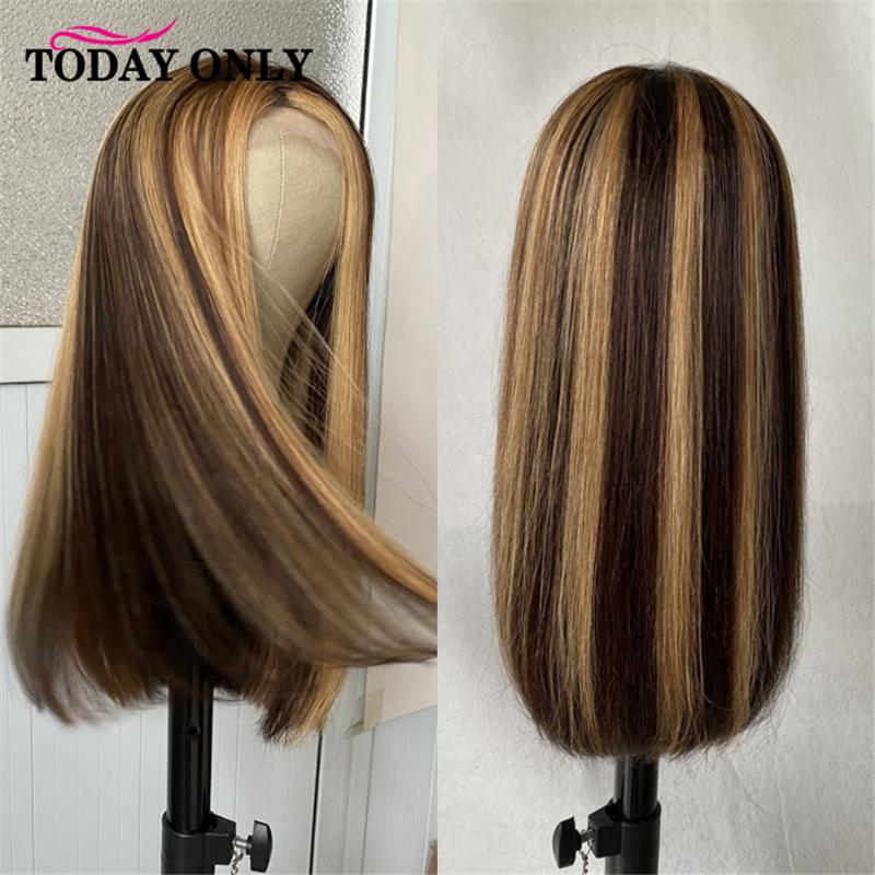 

Straight Bob Highlight Wig Human Hair 4x4 Machine Made Lace Closure Wigs Tpart Transparent Lace Wigs Bone Straight Hair Remy, Natural color