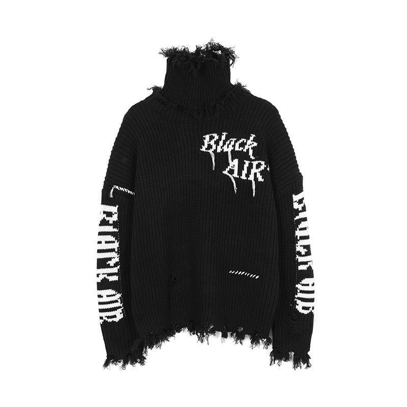 

Turtleneck Frayed Letter Print Tassel Hole Sweater Men and Women Streetwear Oversize Pullover Sweaters Hip Hop Black Casual Top, Pic color1