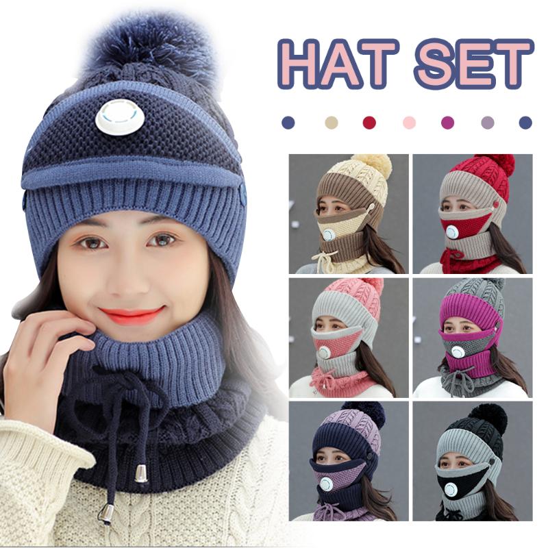 

Winter knitted Beanies Hats Women Thick Warm Hat Outdoor Riding Sets Warm Breathable Knitted Hat With Mask Scarf Beanie Gorro, Black