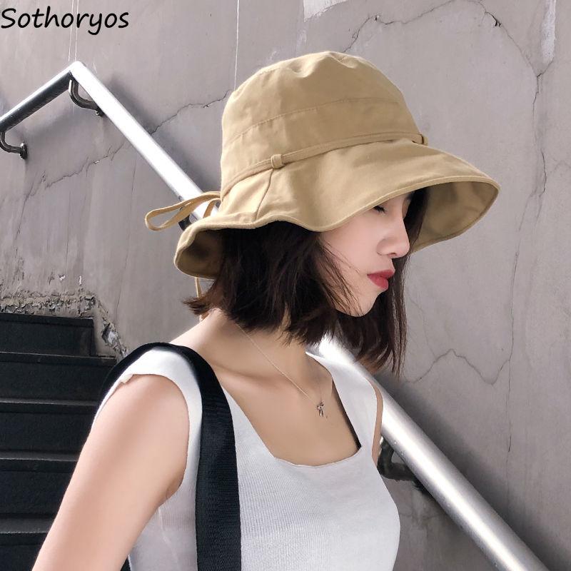 

Bucket Hats Women Summer Bows All-match Solid Wide-visor Korean Style Students Beach Sunbonnet Womens Leisure Sun-proof Stylish, Black