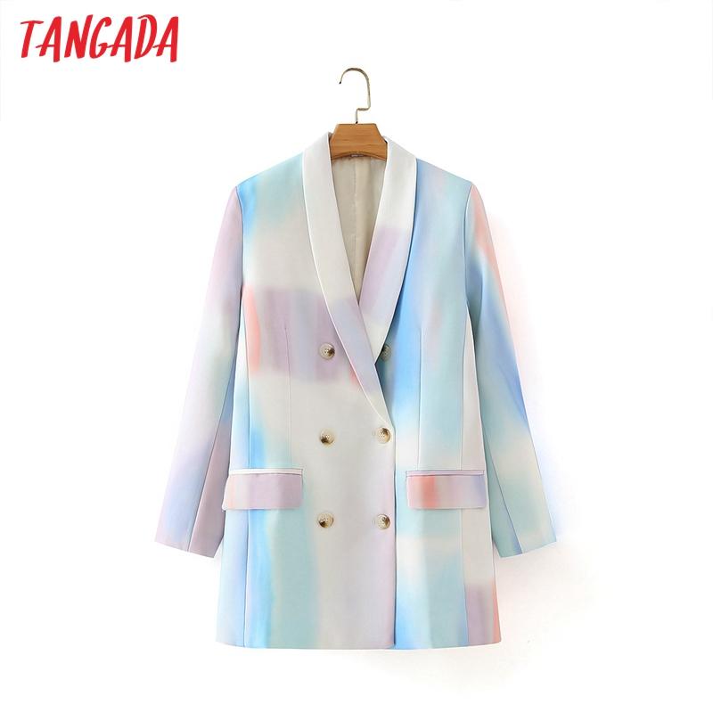 

Tangada Women Blue Tie Dye Print Blazer Coat Vintage Double Breasted Long Sleeve Female Outerwear Chic Tops DA27, Multi