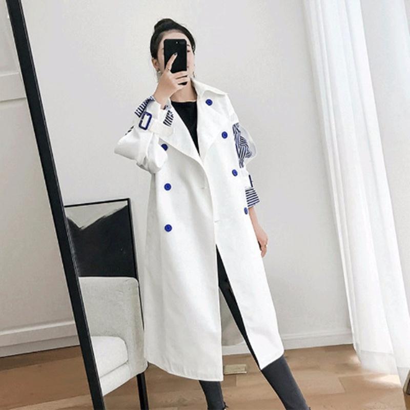 

2020 New Fashion Womne Clothes Korean Girl' Windbreaker Korean Two Paper Sleeve Joint Stripe Chic Loose Coat White 5260