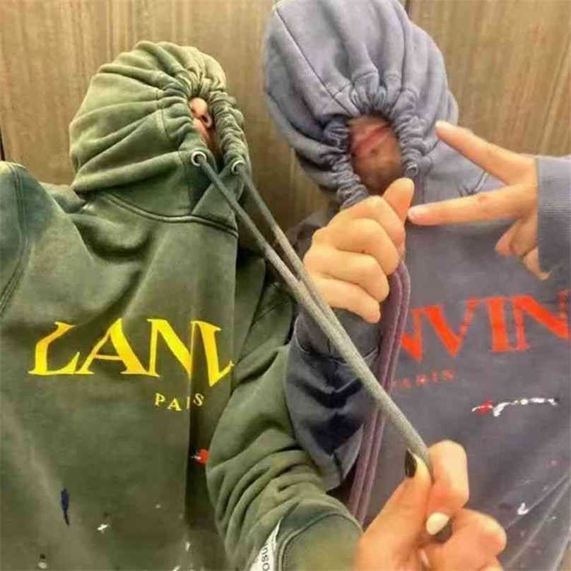 

Experienced Lanvin Galery dept heavy water wash old letters splash Hooded Sweater men' and women' trend XYM S6D4, Green