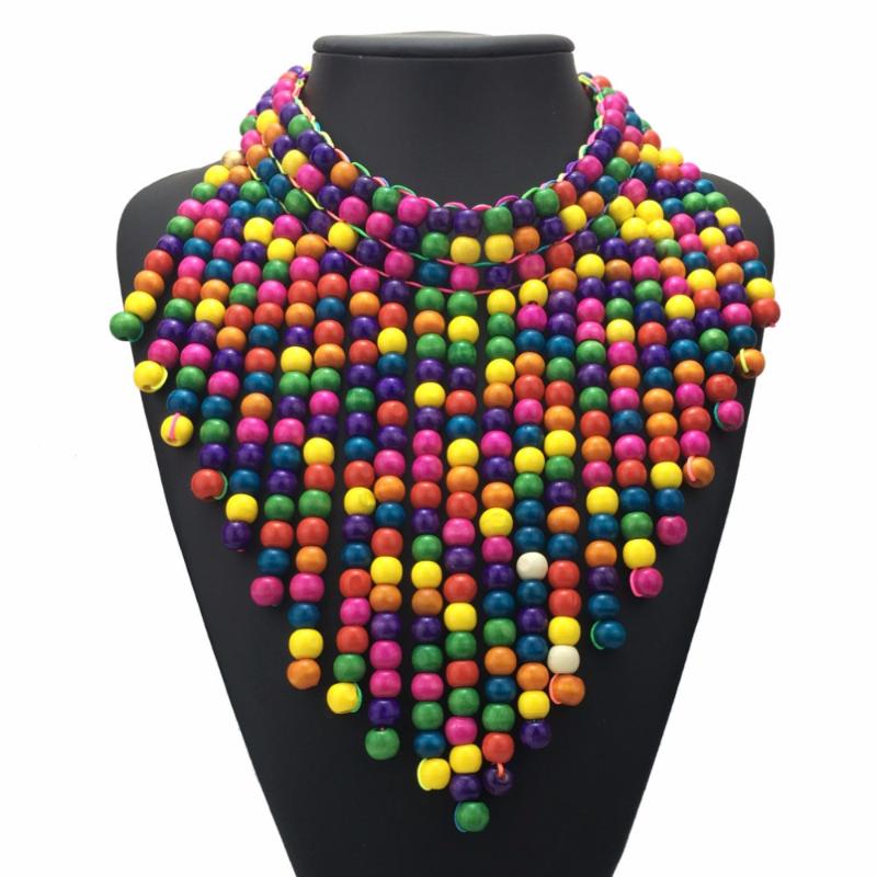 

Bohemia Wood Beaded Statement Necklaces For Women Multicolor Beads Long Pendants Bib Necklace Choker Handmade Jewelry UKEN