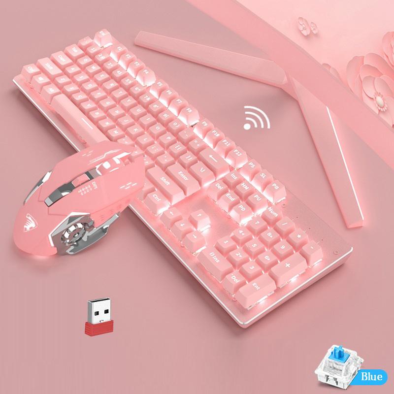 

2.4GHz Wieless Mechanical Keyboard 104 Keycaps Full Key No Punch Mechanical Gaming Keyboard Green Switch Pink Wireless