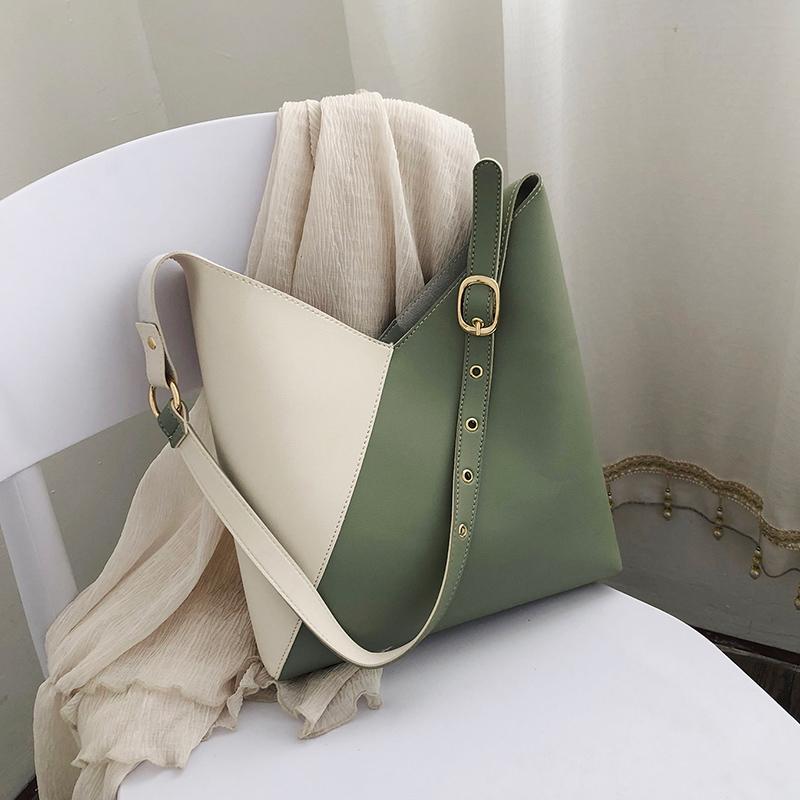 

2021 Fashion Contrast color Bucket bag Quality PU Leather Women's Designer Handbag Leisure High capacity Shoulder Messenger bags, Black
