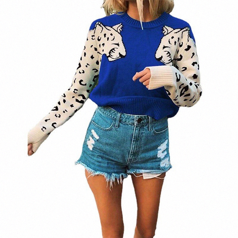 women's Pullover Leopard Long Sleeve Sweater Cardigans Crew Neck Blue-Green Red Wine Gray D6Yr#-image-756092023