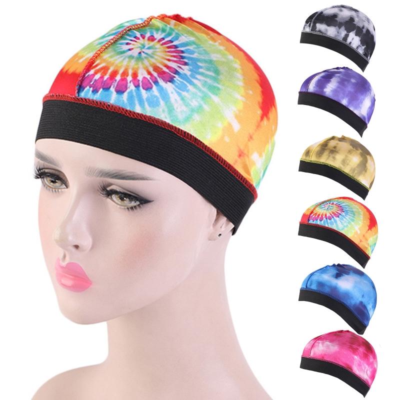 

Women Men Imitation Silk Durag Wave Dome Cap Spiral Colorful Tie-Dye Elastic Band Stretch Hair Cover Hip Hop Skull Hat