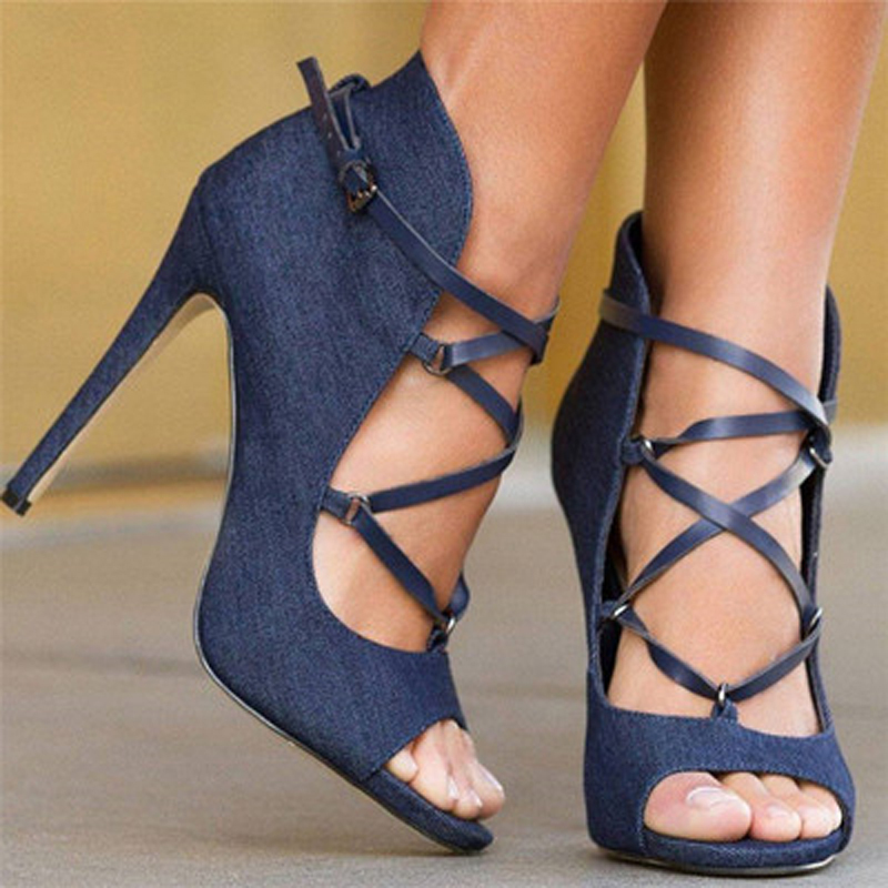 

2020 Snowy Leather Blue Strappy Buckle Peep Stiletto Sandals Hollow Heels Out Shoe Cage As Pump 9han, The picture