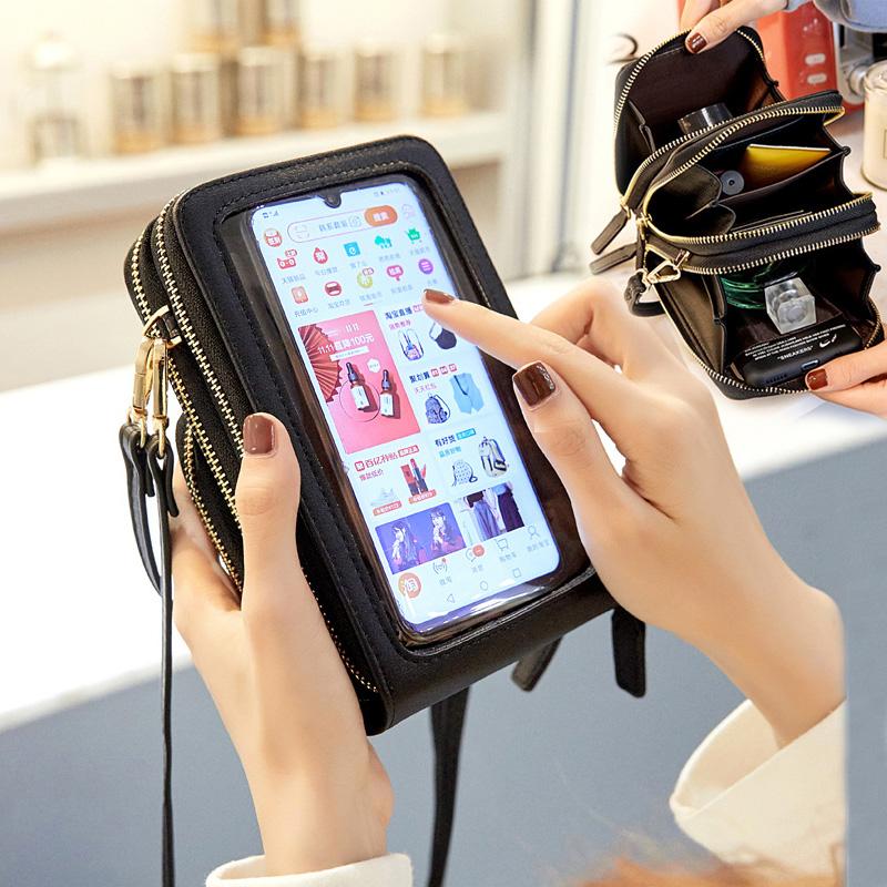 

Transparent Touchable Cell Phone Pocket Shoulder Bags For Women Pu Leather Ladies Small Handbag Female Messenger Crossbody Bag, Black