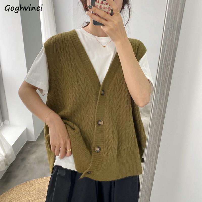 

Harajuku Sweater Vest Solid Womens V-neck Retro All-match Korean Style Single-breasted Leisure Plus Size 3XL Outwear Trendy Chic, Beige