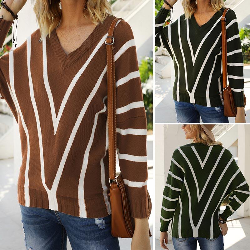 

New Striped Long Sleeve Sweater Women V-Neck Loose Pullover Sweater Tops Autumn Winter Knitted Sweaters, Green