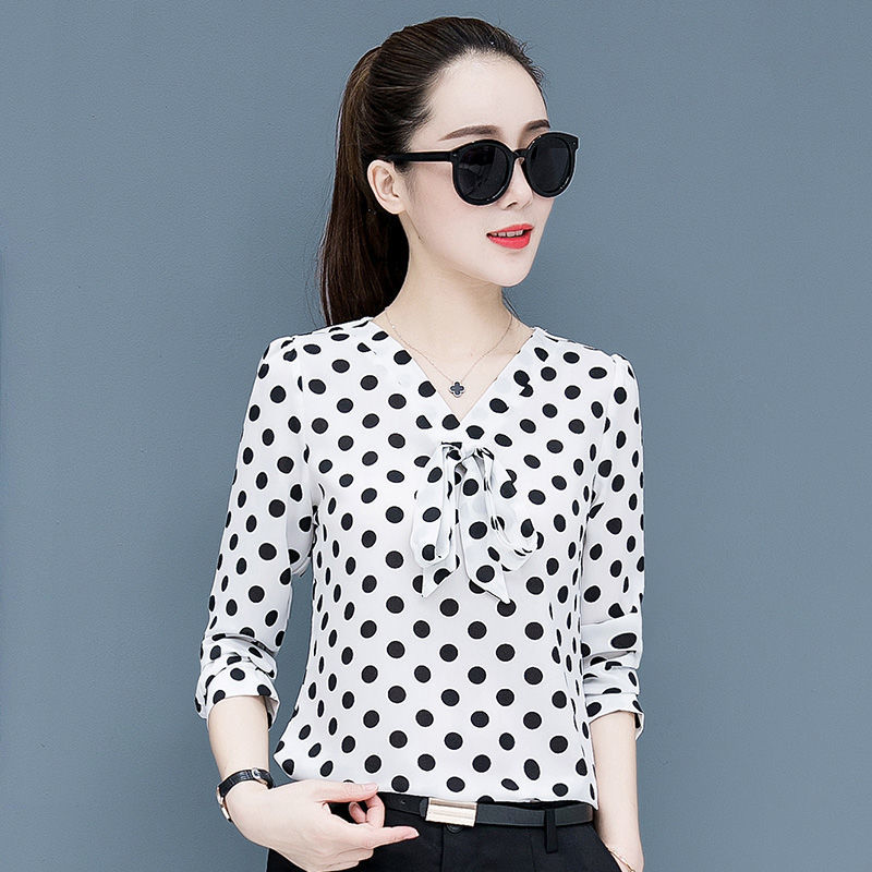 

Elegant 2020 New Female Arrival Casual Tops with v Mango-long Sleeves Spring Blouses Summer Chiffon Polka Dots Shirt Xtor, Red 1