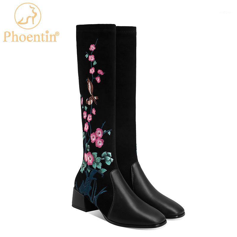 

Phoentin Ethnic Floral Embroidered knee High boots Elegant woman real leather long boots mid heels square toe shoes black FT13111