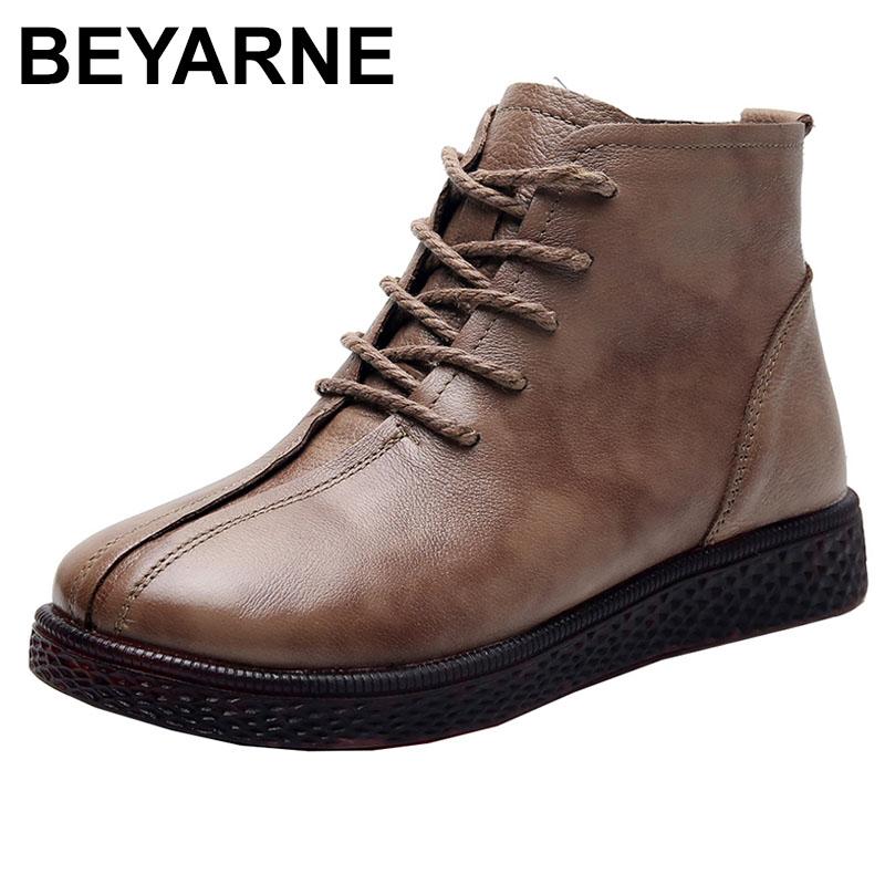 

BEYARNE Genuine Leather Shoes Women Boots 2021 Autumn Winter Fashion Handmade Ankle Boots Warm Soft Casual Flats Female, Without fur khaki