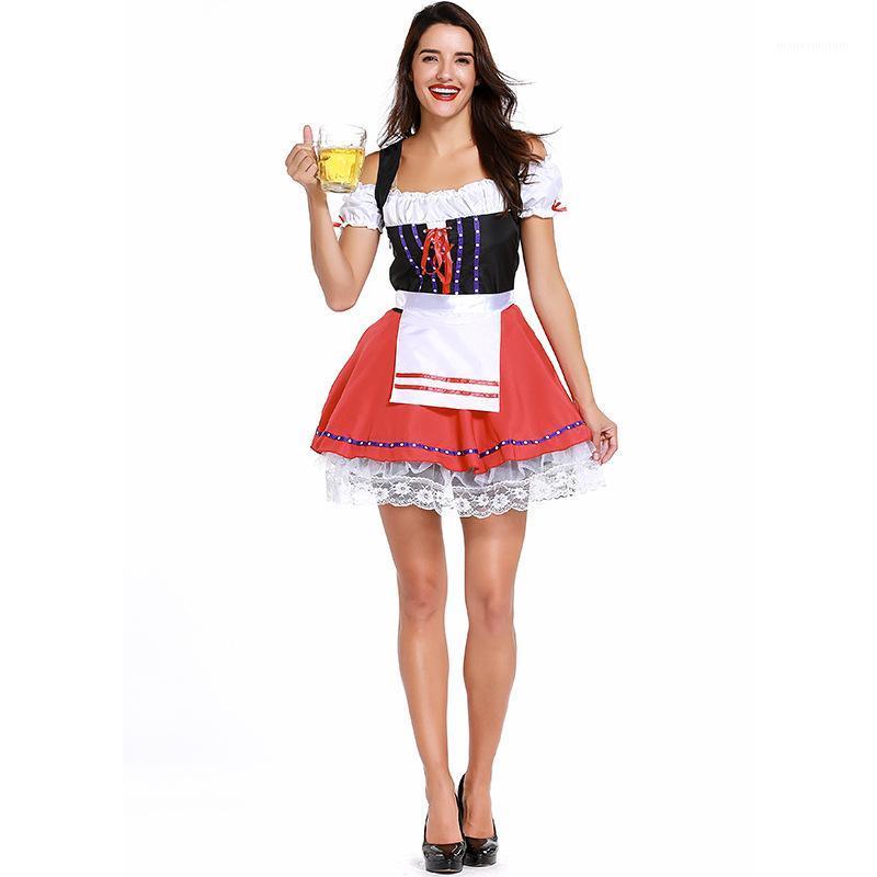 

Sweety Bar Waitress Role Play Clothing Lace Layer Cold Shoulder Bandage Vest Dress For Oktoberfest Party Dress And Apron1, Red