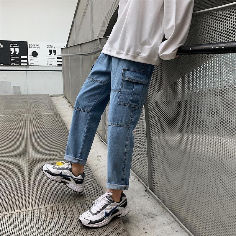 

2019 summer new washed men' jeans straight thin ankle-length pants fashionable loose overalls1, Black