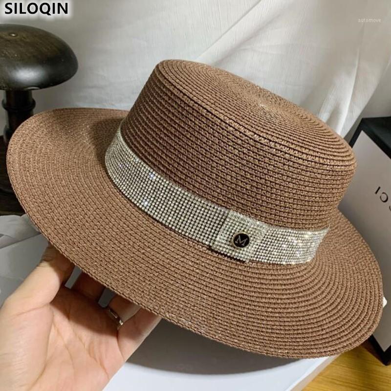 

SILOQIN Spring Summer New Rhinestone Decoration Fedoras Elegant Women's Fashion Jazz Hats Brands Sunhat Panama Ladies Cap Bone1, White
