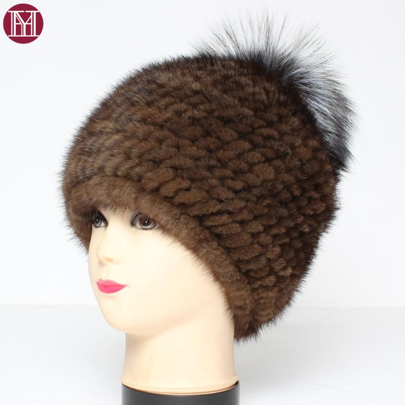 

2020 New Lovely Real Hat For Women Winter 100%Natural Knitted Hat With Fur Ball Genuine Real Cap, Black