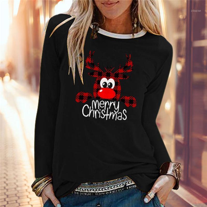 

New Women Tshirts Christmas Print Color Print Tops Hooded Pullover T-Shirts Autumn Winter t-shirt camisas mujer 2020 A401, Black