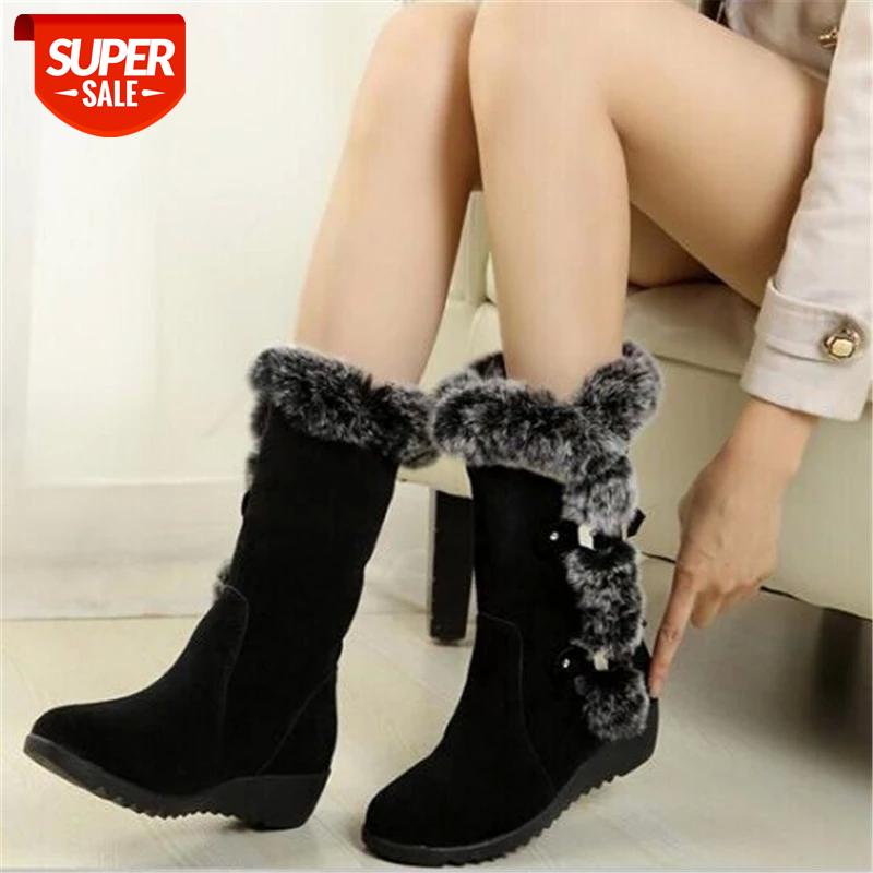 

2019 winter new snow boots British wind slope with round head suede high boots Retro shallow velvet warm flat women's #1L2E, Black
