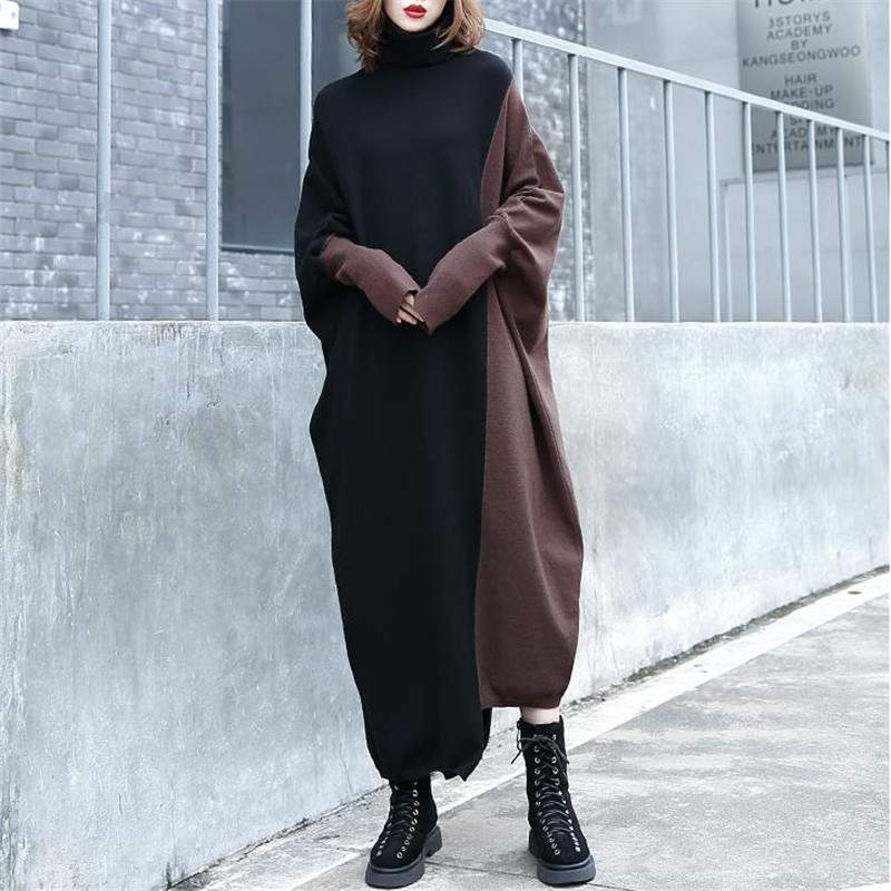 

2021 More Size Harajuku Contrast Batwing Sleeves Fancy Long Loose Knitted Shirt New Fall Maxi Dress 2JPA, Black and coffee.