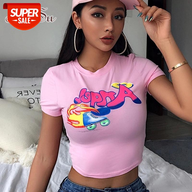

ArtSu Summer Pink Top Cute Shirt Letter Printed Tshirt Short Sleeve Crop Top Casual Tee Shirt Femme Kawaii Streetwear ASTS20713 #iN9F, White