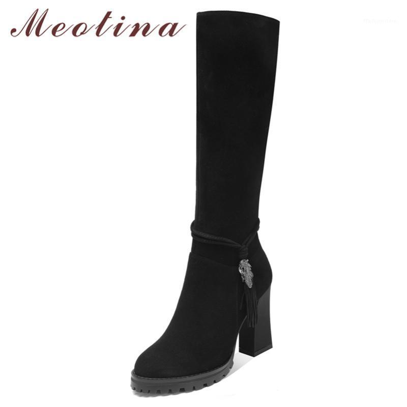 

Meotina Winter Knee High Boots Women Natural Genuine Leather Thick Heel Long Boots Zipper Extreme High Heel Shoes Ladies Size 391, Black
