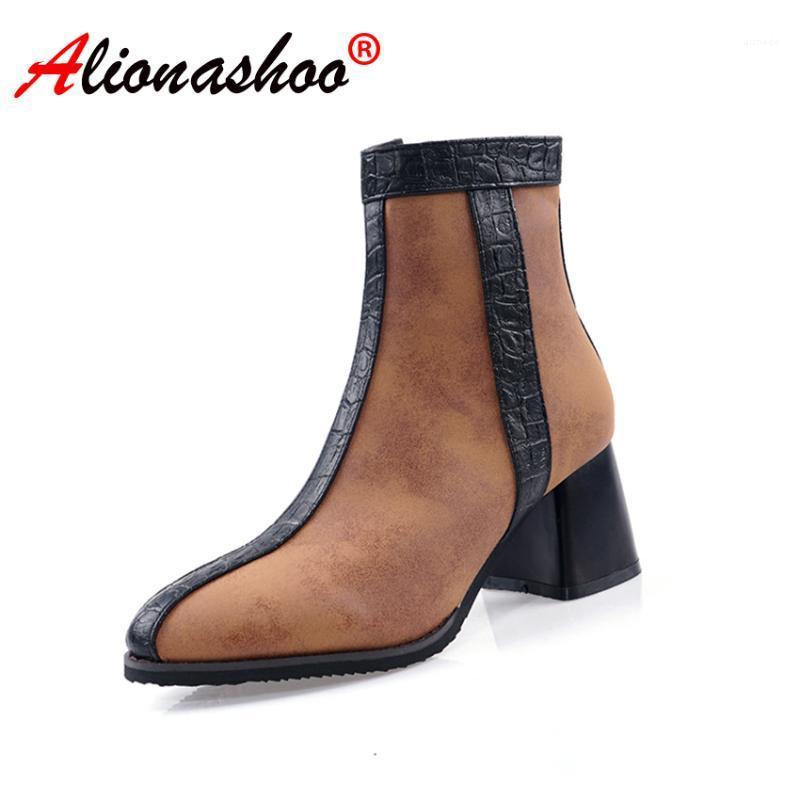 

2020 New Autumn Fashion Ankle Boots Women Square High Heels Zipper Pointed Toe Pu Leather Ladies Warm Shoes Large Sizes 14 48 471, Tan