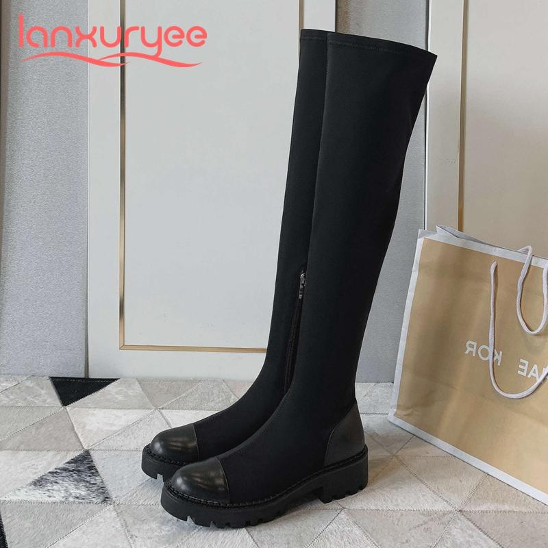 

Lanxuryee genuine leather round toe med heel patchwork winter shoes young lady streetwear fashion basic over the knee boots L01, Black2