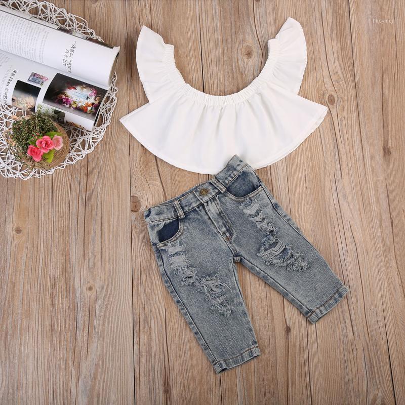 

Fashion Casual Newborn Toddler Baby Girls Short Sleeve Off Shoulder Pullover White Shirt Tops Denim Pants Outfit Summer1, As pic