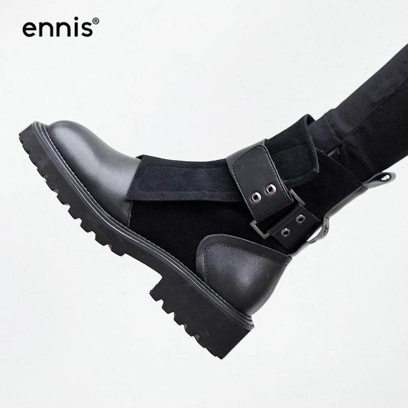 

ENNIS 2020 NEW Ladies Black Boots Platform Genuine Leather Boots For Women Buckle Suede Designer Autumn Winter Shoes A81821
