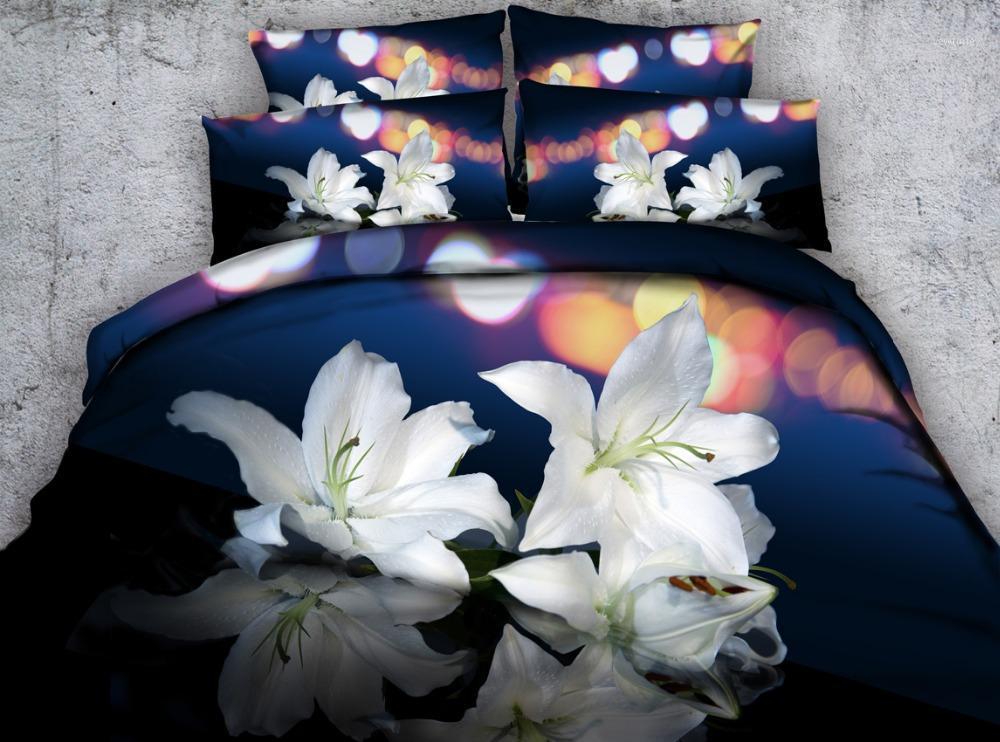 

3pcs pure lily flower and butterfly printed bedding set HD white / pink lily bed linen contains 1 duvet cover 2 shams queen king1, 380