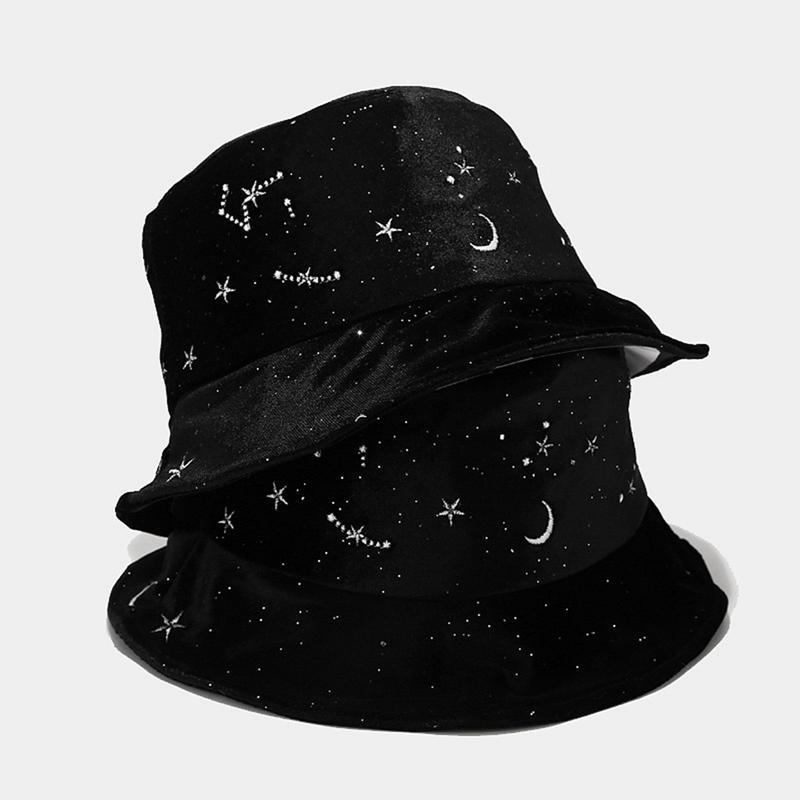 

Autumn Winter New Flannel Fisherman Cap Women Embroidery Star Moon Retro Black Basin Hat Velvet Outdoor Sun Bucket Hat, Bk