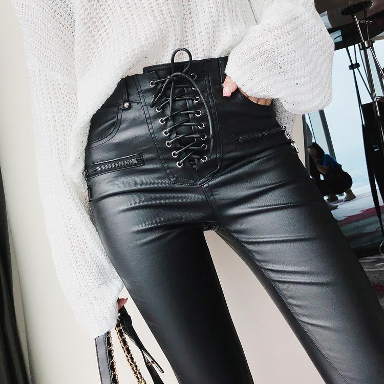 

Women' Pants & Capris 2021 Brand Women Fashion PU Leather Trousers Lace-up High Waist Skinny Pencil Zipper Cuff Faux Winter Pants1, Black