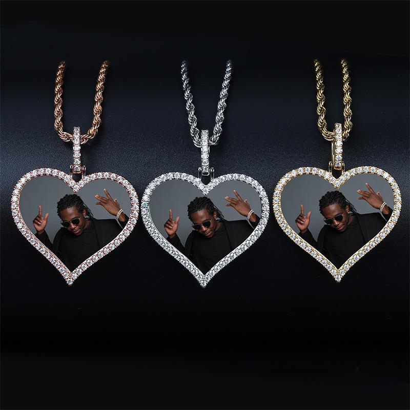 

Zirconia Heart Shape Custom Made Photo With Pendant&Necklace Rope Chain Gold Color Cubic Zircon Men's Hip hop Jewelry